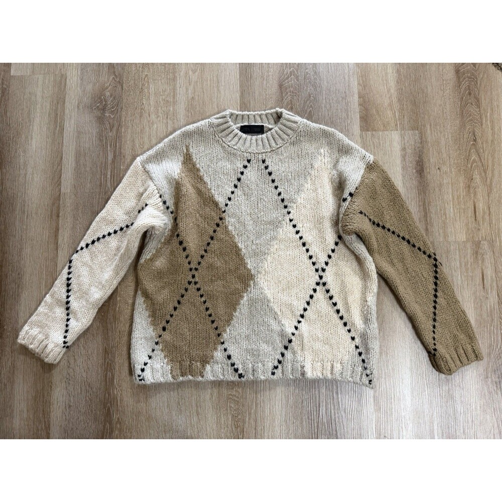 Zara Women’s Oversized Wool Blend Argyle Neutral Sweater Small Preppy Fall